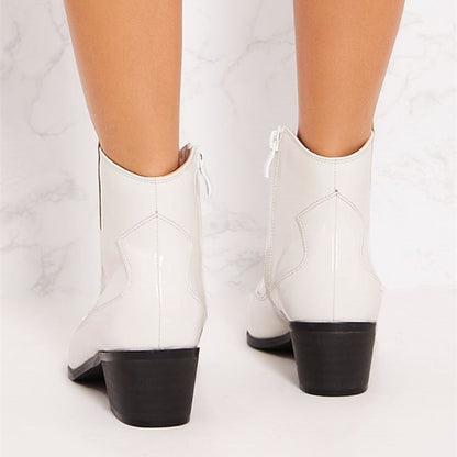 Women's White Patent Leather Closed Toe Block Heel Short Western Boots