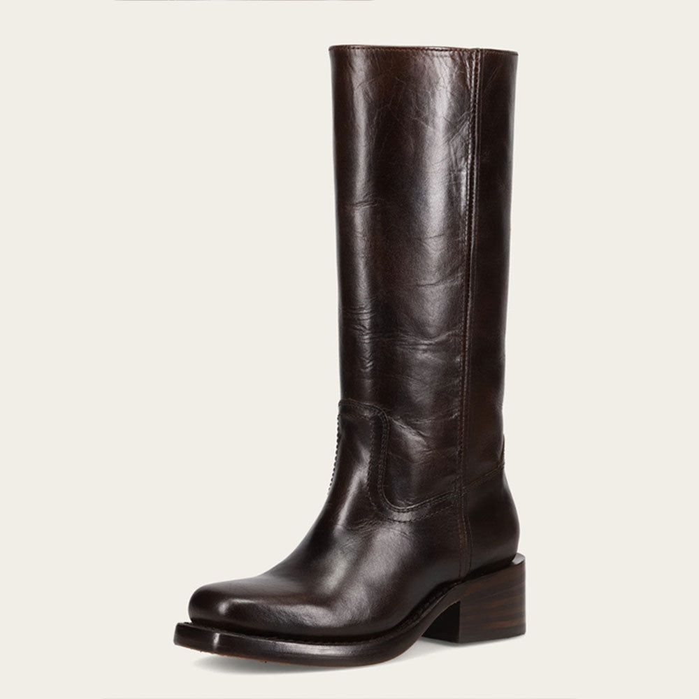 Brown Vegan Leather Pull-On Square Toe Mid Calf Boots with Block Heel