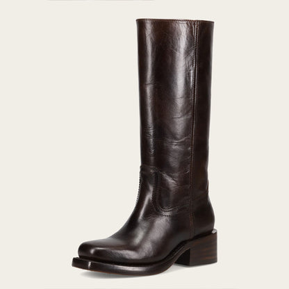 Brown Vegan Leather Pull-On Square Toe Mid Calf Boots with Block Heel