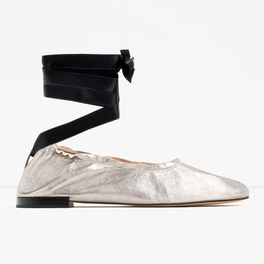 Silver Round Toe Comfortable Strappy Flat Ballerina Shoes