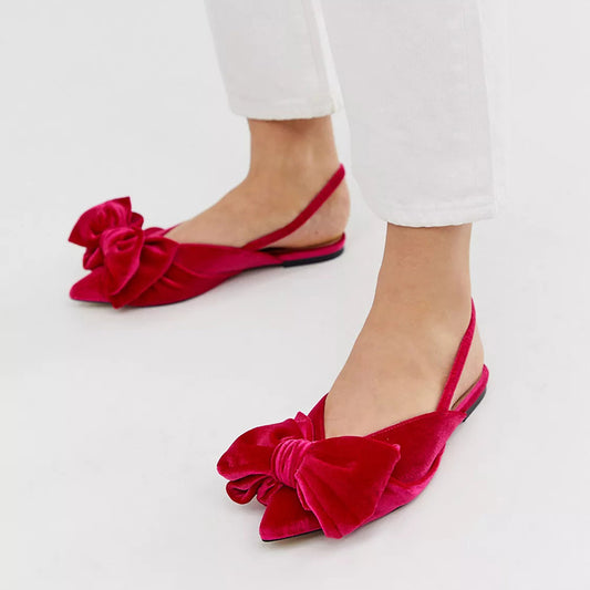 Rose Red Velvet Slingback Shoes Pointed Toe Flats with Bow