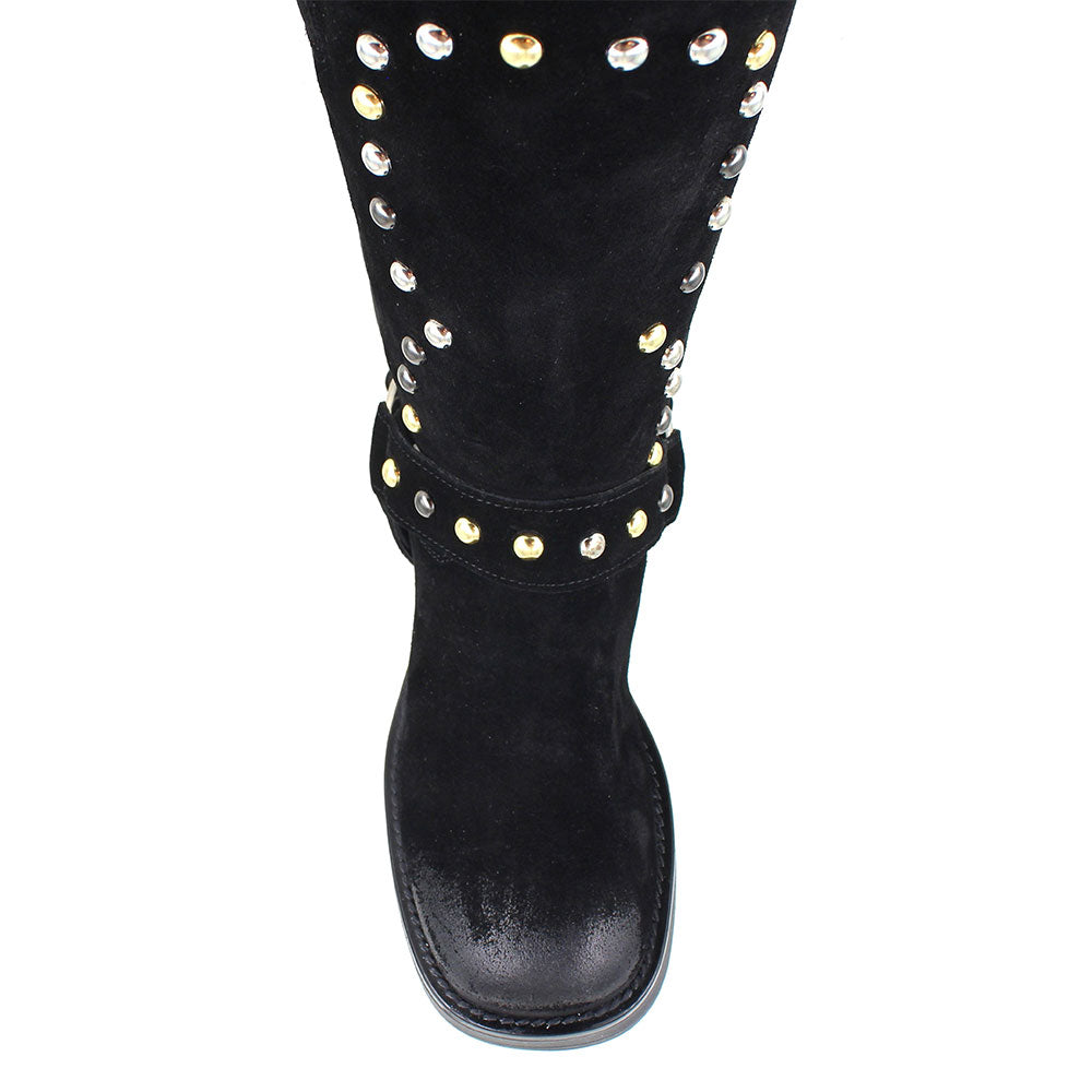 Studded Chunky Heel Square Toe Hardware Mid Calf Boots in Black