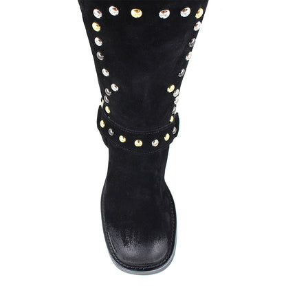 Studded Chunky Heel Square Toe Hardware Mid Calf Boots in Black