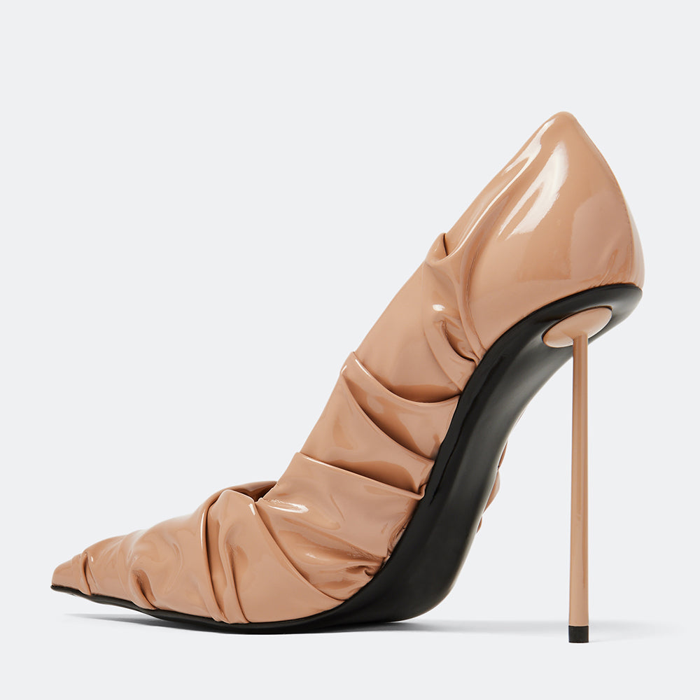 Women's Pointed Toe Nude Pumps Patent Leather Ruched Stiletto Heels