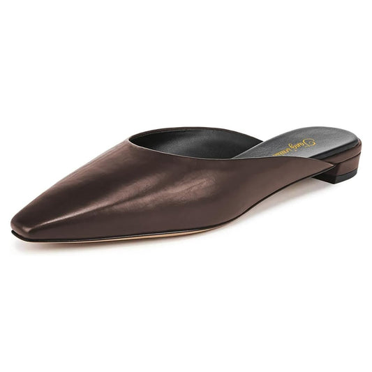 Women's Brown Vegan Leather Pointed Toe Casual Flat Mules