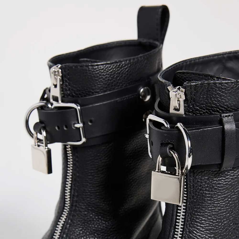 Black Round Toe Low Heel Front-Zip Ankle Boots with Buckle Straps
