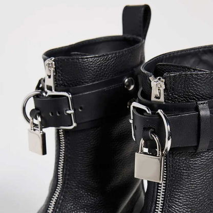 Black Round Toe Low Heel Front-Zip Ankle Boots with Buckle Straps