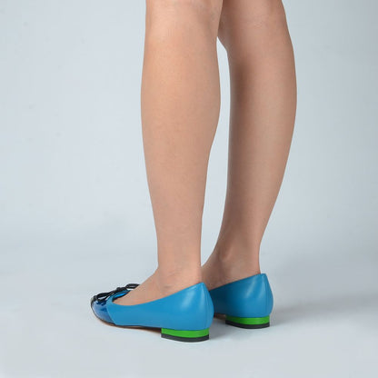 Blue Pointed Toe PVC Splicing Design Fashion Flats with Bow Knot