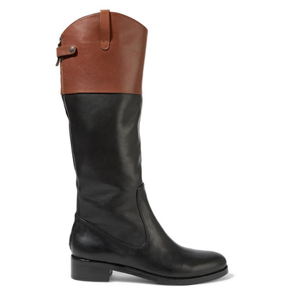 Brown and Black Round-Toe Low Heel Knee High Boots with Zipper