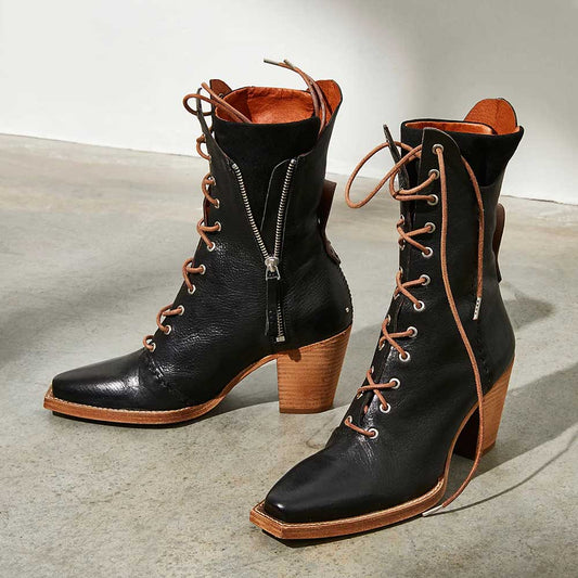 Black Square Toe Chunky Heel Vintage Lace Up Ankle Boots