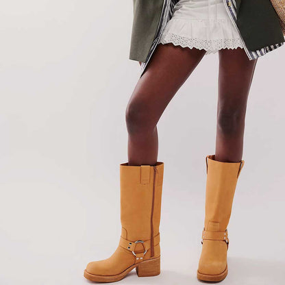 Tan Square Toe Platform Mid Calf Boots with Buckle & Studded Decor