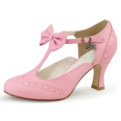 Women's Cute Round Toe Spool Heel T-Strap Pink Pumps with Bow