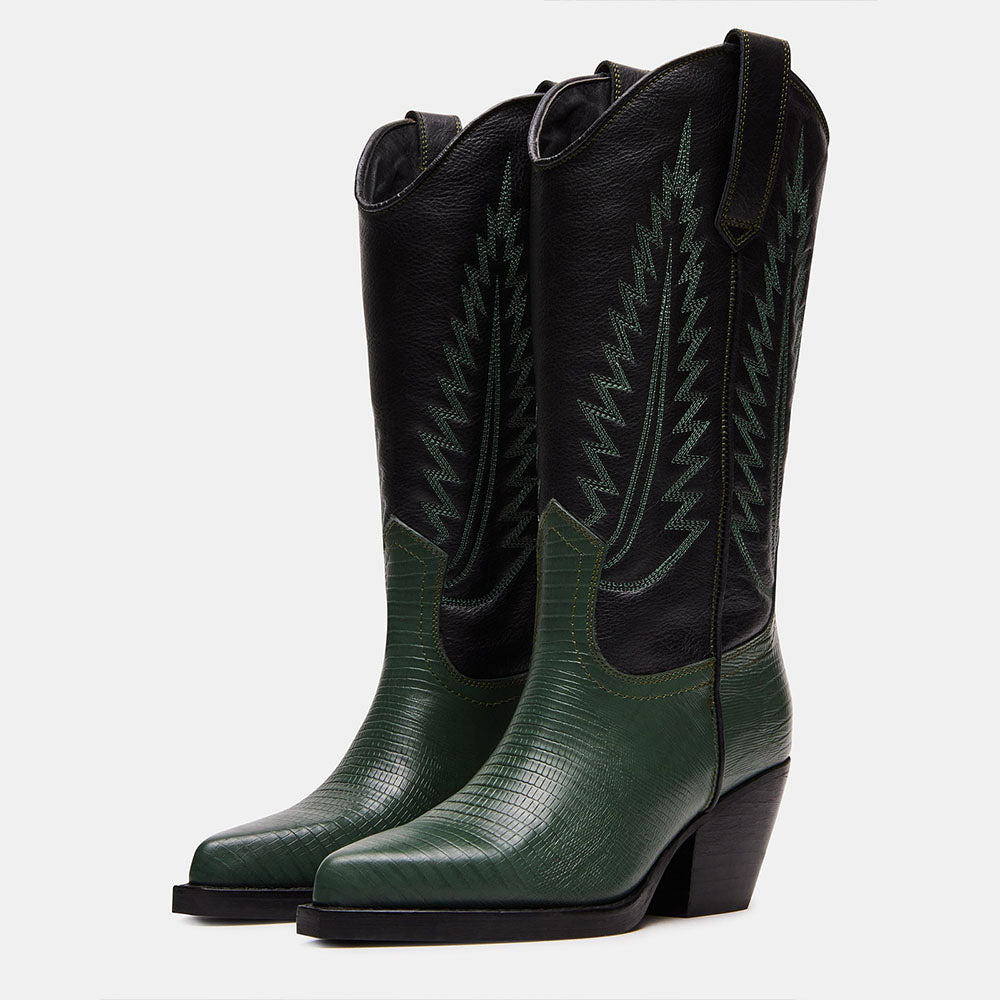 Black & Green Croco Embossed Pointed Toe Mid-Calf Cowgirl Boots