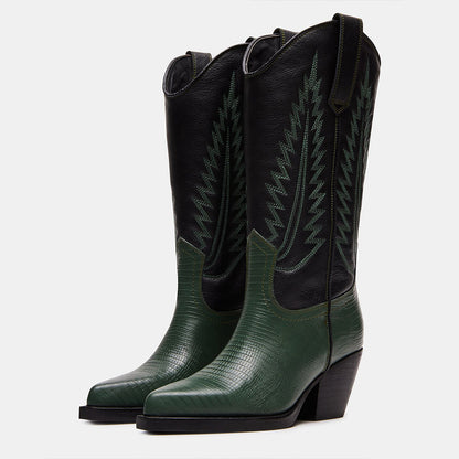Black & Green Croco Embossed Pointed Toe Mid-Calf Cowgirl Boots