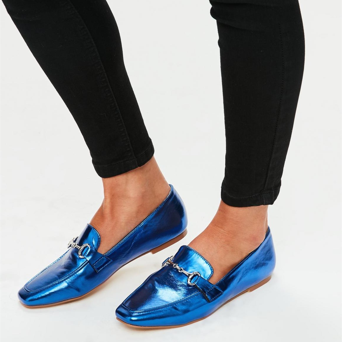Royal Blue Metallic Finish Square Toe Flats Women's Loafers