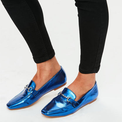 Royal Blue Metallic Finish Square Toe Flats Women's Loafers