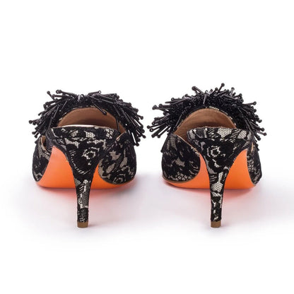 Black Lace Pointed Toe Beaded Tassel Kitten Heel Mules for Women