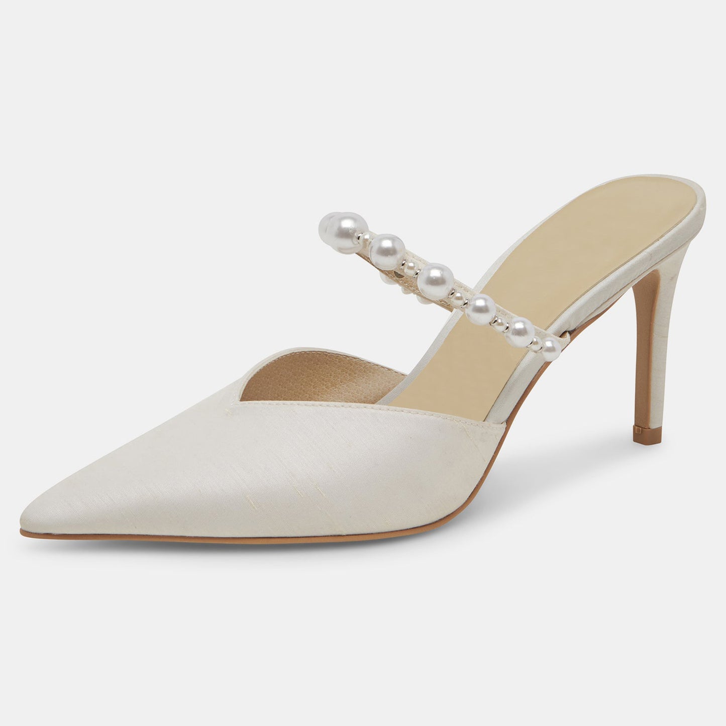 White Suede Closed Pointed Toe Mules With White Pearl Decorated Strappy Stiletto Heels