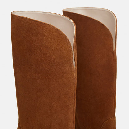 Tan Vintage Vegan Suede Pointy Toe Mid Calf Boots with Block Heels