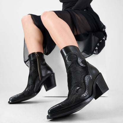 Black Patchwork Pointed Toe Perforated Block Heel Zip Ankle Boots