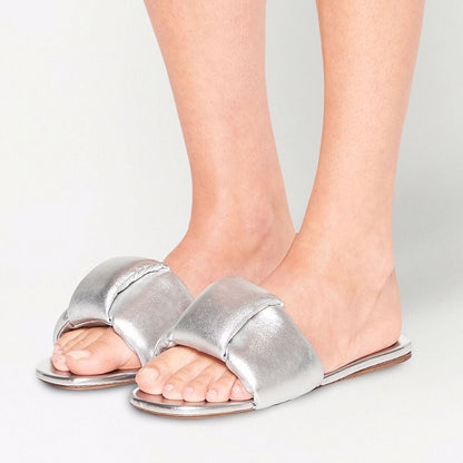 Silver Metallic Padded Slide Sandals Open Toe Flat Shoes for Women