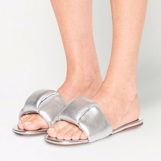 Silver Metallic Padded Slide Sandals Open Toe Flat Shoes for Women