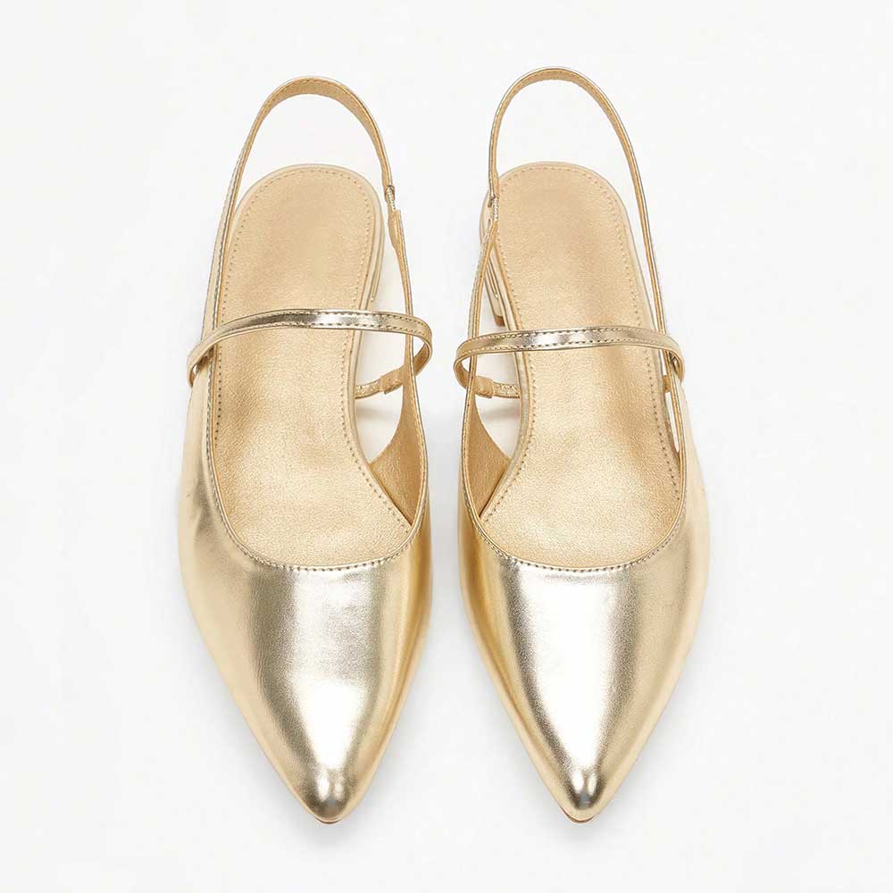 Gold Metallic Shoes Pointed Toe Slingback Flats with Elastic Strap