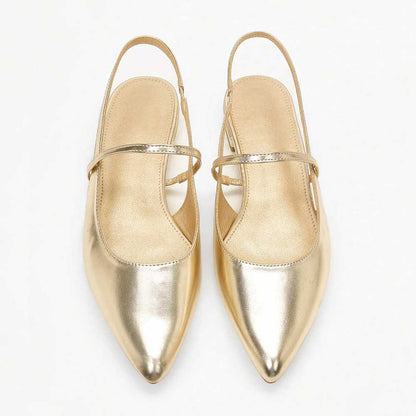Gold Metallic Shoes Pointed Toe Slingback Flats with Elastic Strap