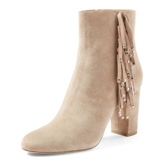 Beige Vegan Suede Studded Fringe Booties Chunky Heel Ankle Boots