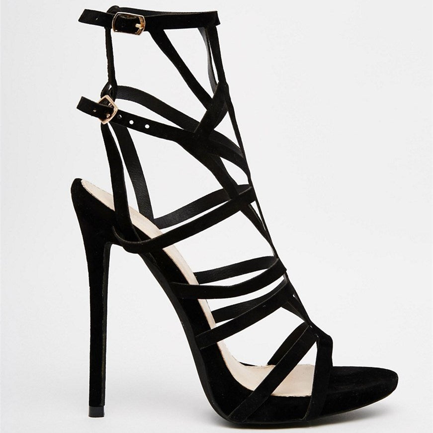 Black Caged Buckle Ankle Strappy Stiletto Heel Women's Sandals