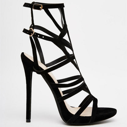 Black Caged Buckle Ankle Strappy Stiletto Heel Women's Sandals