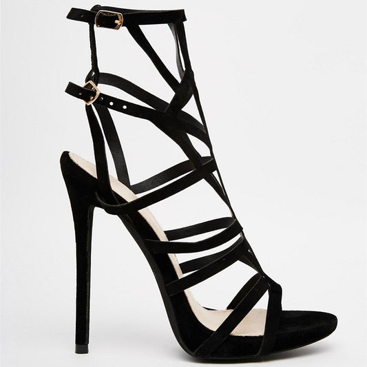 Black Caged Buckle Ankle Strappy Stiletto Heel Women's Sandals