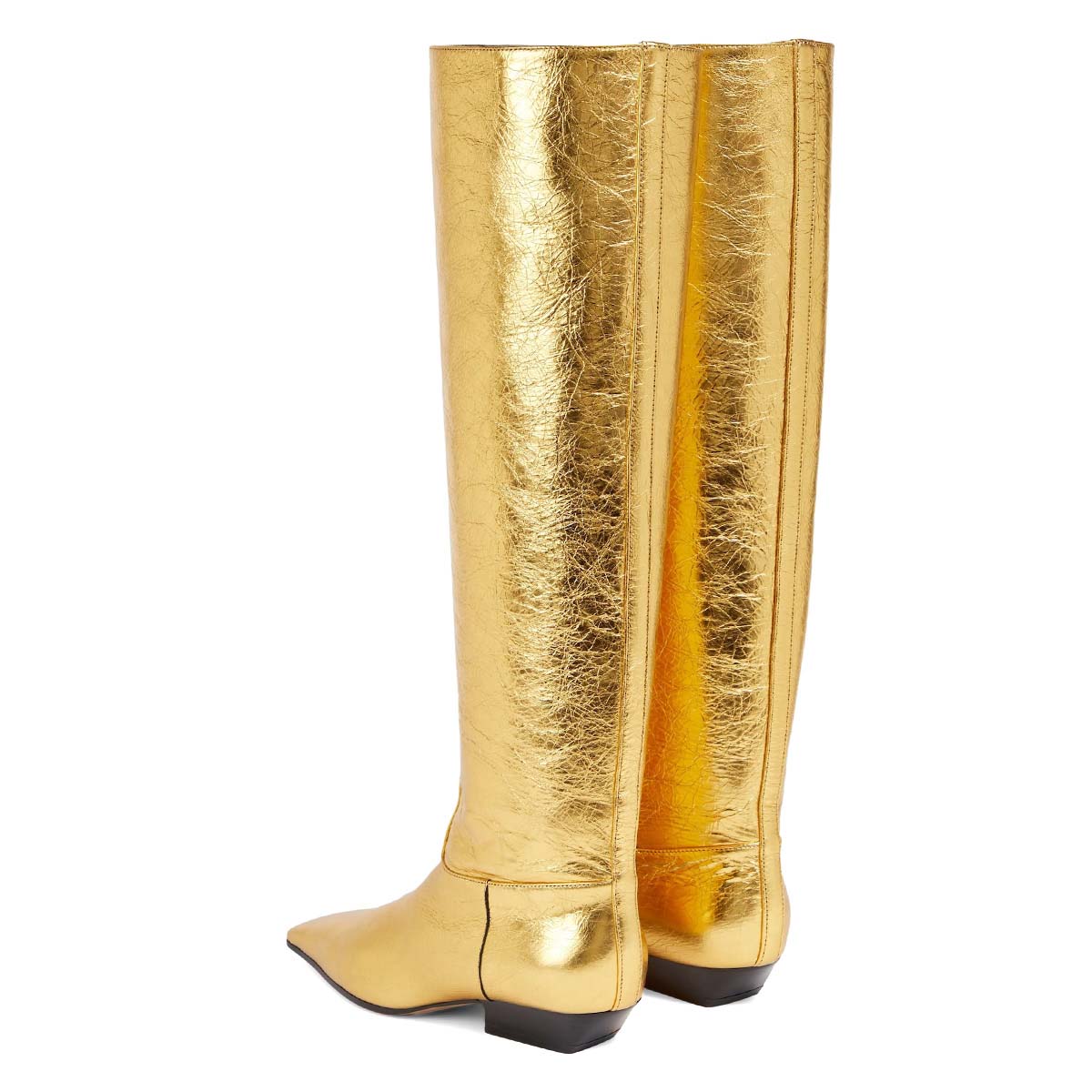 Gold Metallic Low Heel Knee High Boots for Women with Square Toe