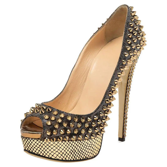 Women's Platform Pumps Peep Toe Rivet Embellished Sexy High Heels