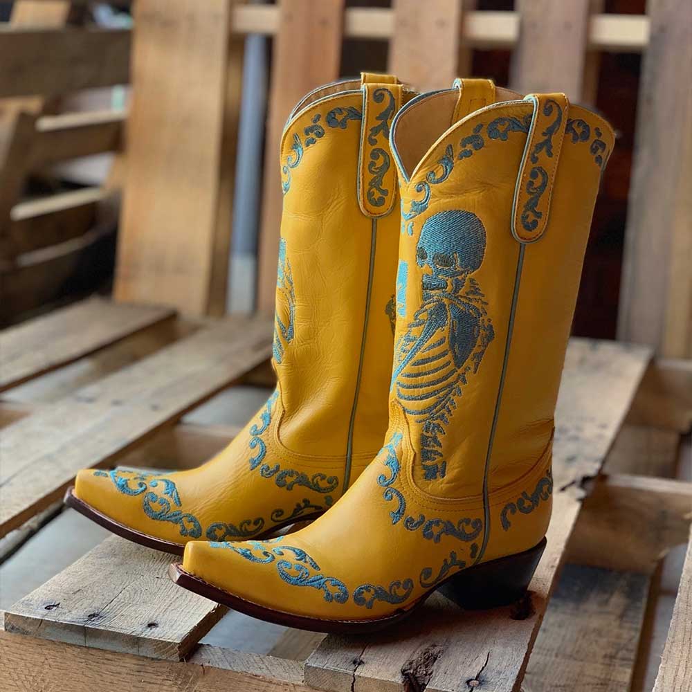 Yellow Chunky Heel Skeleton Embroidered Cowgirl Boots for Women