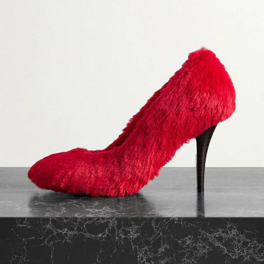 Women's Red Round Toe Shaggy Faux Fur Pumps Heels