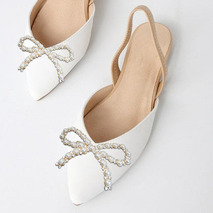 White Pointed Toe  Mules With Pearl Bow Decor Slingback Flats