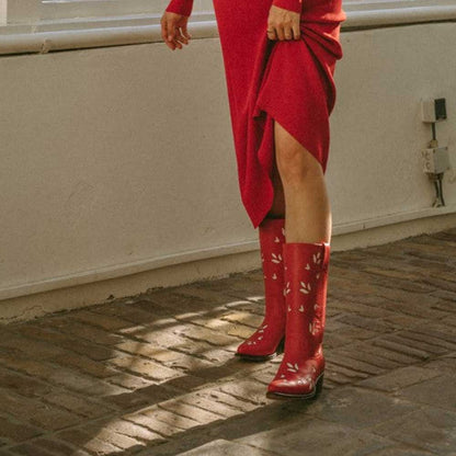 Red Pointy Toe Stitched Leaf Decor Chunky Heel Mid Calf Boots