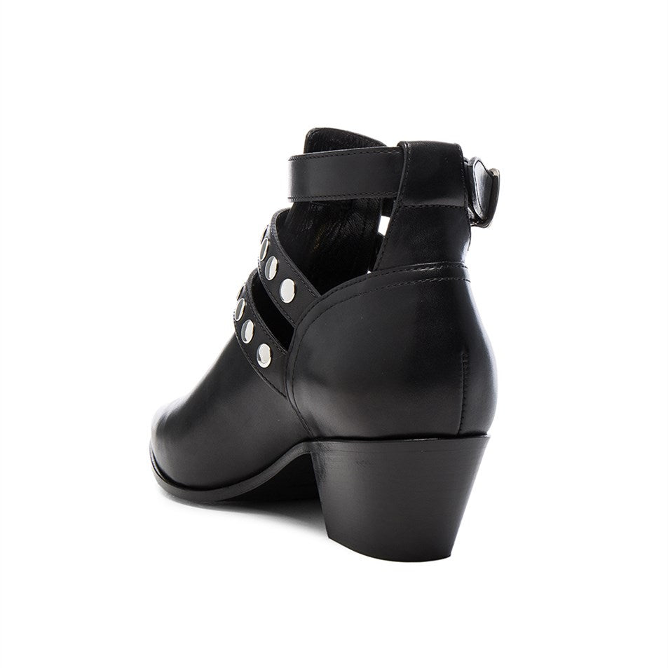 Black Chunky Heel Cut Out Vegan Leather Studs Ankle Boots