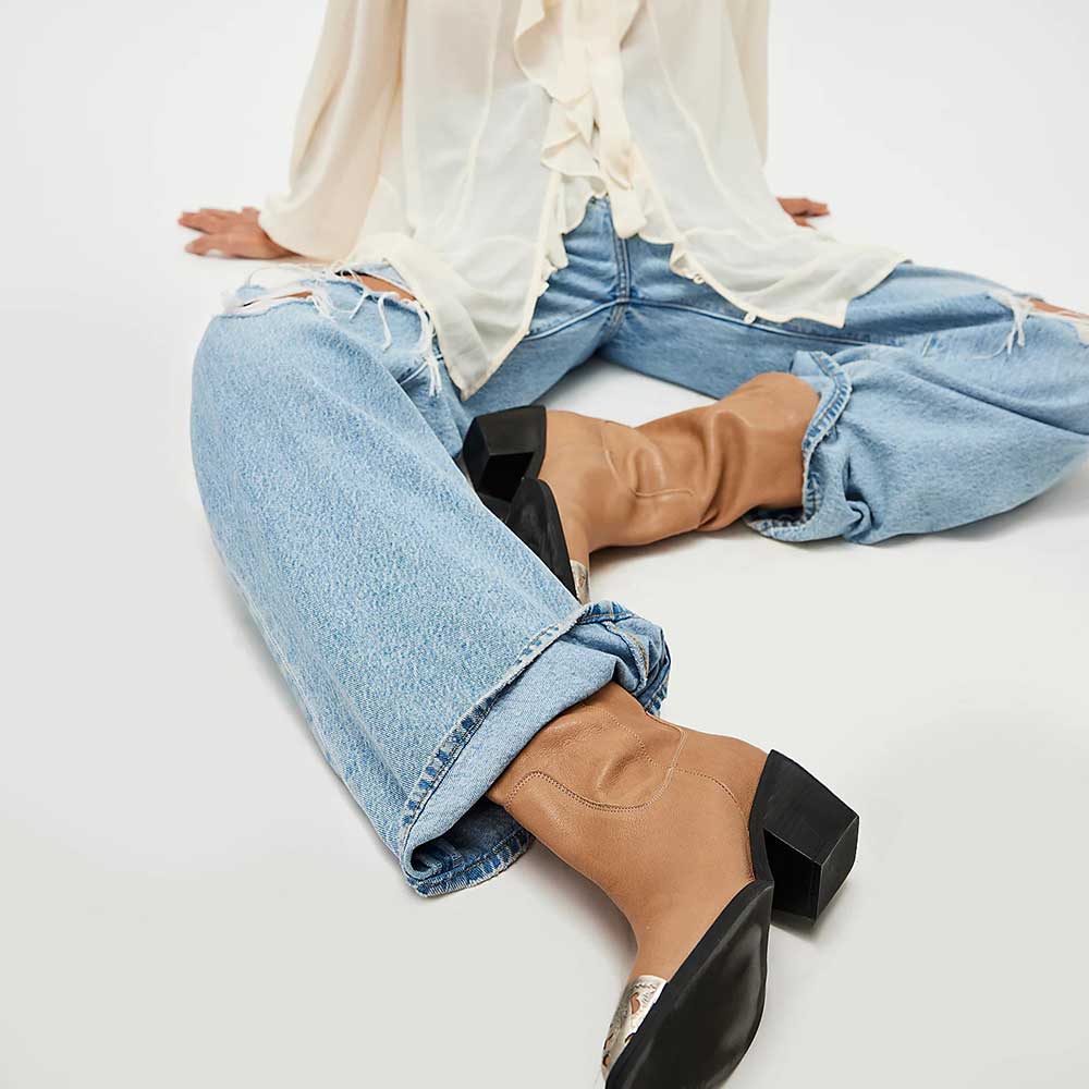 Slouchy Pointed Toe Metallic Accent Mid Calf Boots for Women in Tan