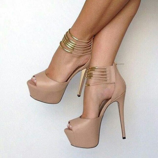 Women's Nude Ankle Strap Platform Pumps Peep Toe Stilettos High Heels