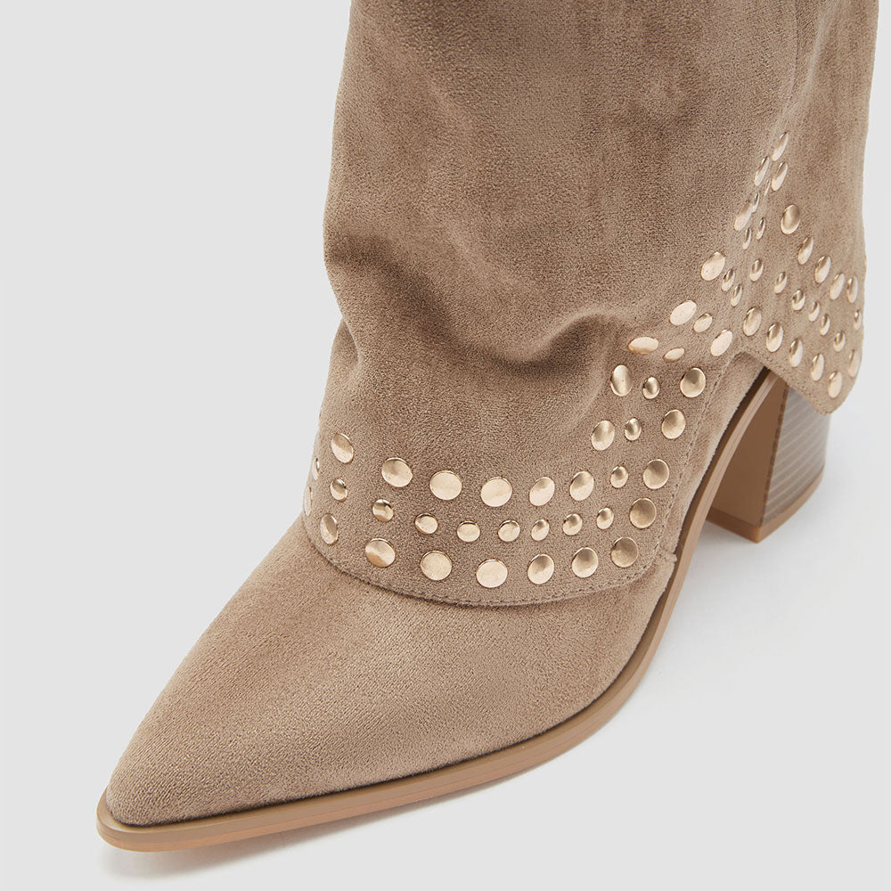 Khaki Vegan Suede Stacked Heel Buckle Studded Fold Over Mid Calf Boots