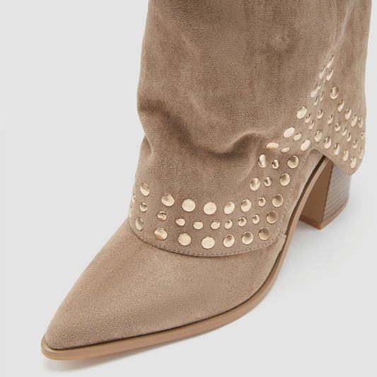 Khaki Vegan Suede Stacked Heel Buckle Studded Fold Over Mid Calf Boots
