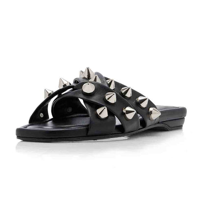 Black Open Toe Strappy Flats Rivet Embellishment Slides for Women