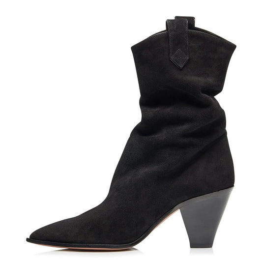 Black Vegan Suede Pointed Toe Cone Heel Pull Tab Mid Calf Boots