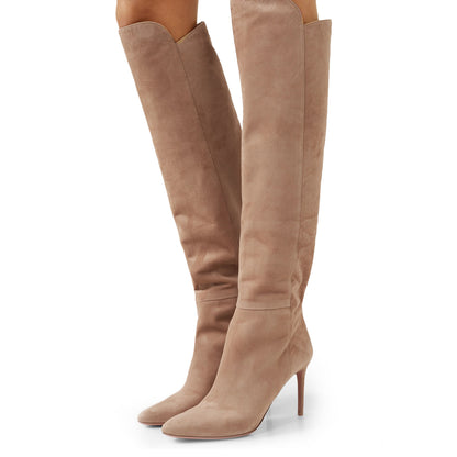 Khaki Vegan Suede Stiletto Heel Knee High Boots