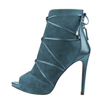 Women's Teal Peep Toe Patchwork Stiletto Heel Strappy Ankle Boots