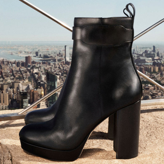 Women's Round Toe Pull Tab Chunky Heel Black Platform Ankle Boots