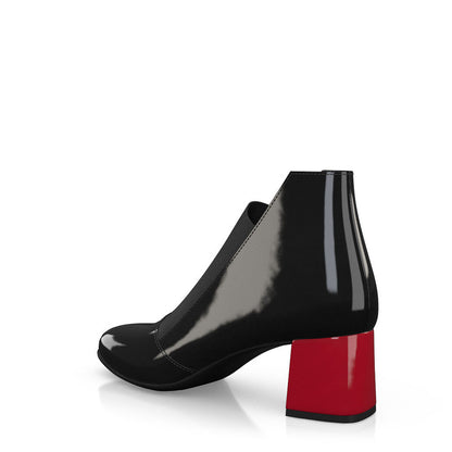 Women's Black Patent Leather Low Top Ankle Boots with Block Heels