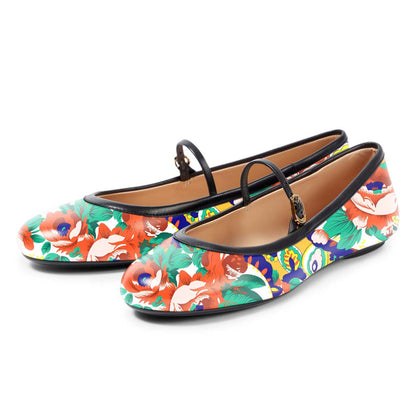 Multicolor Floral Print Round Toe Buckle Strap Mary Jane Flats